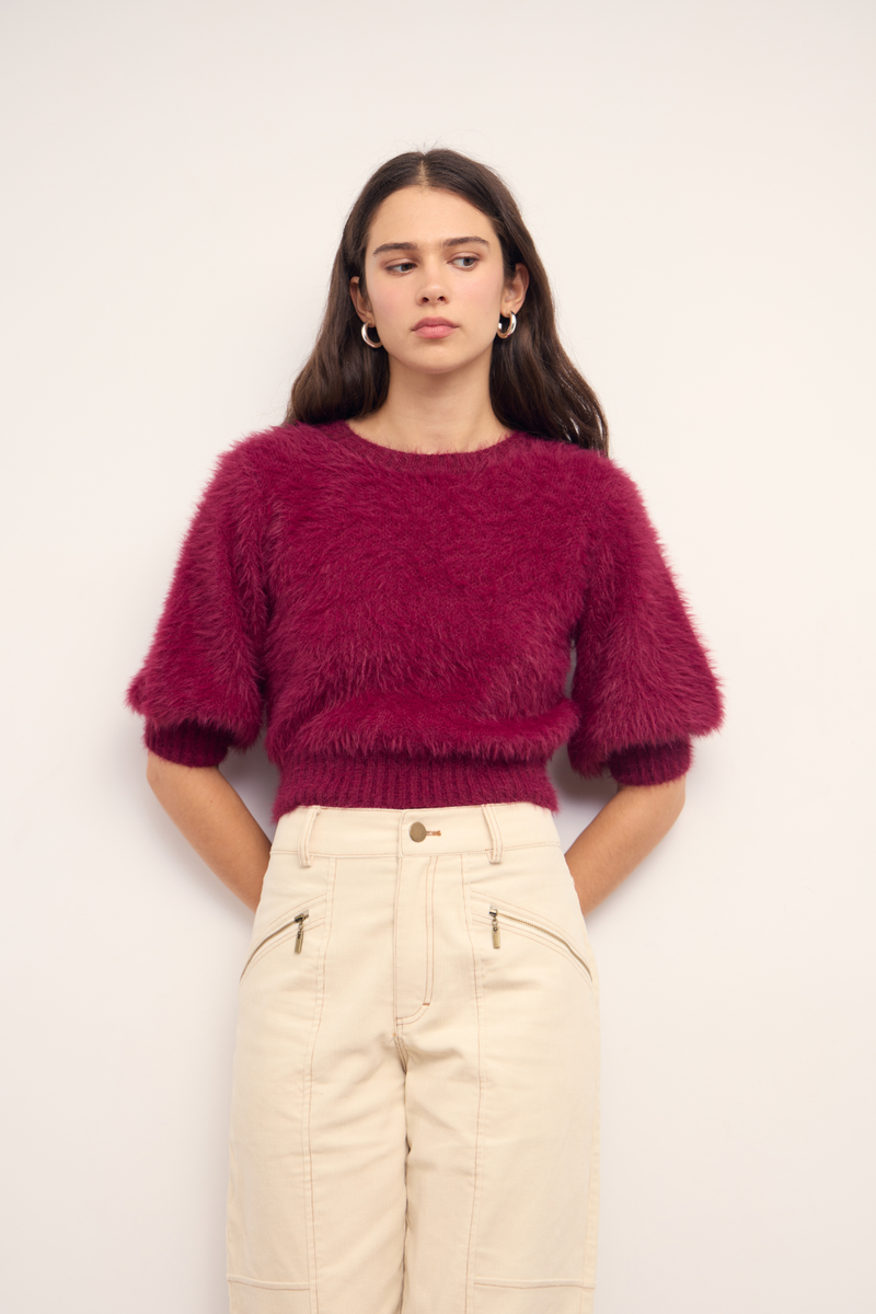 Alva Wine Fluffy Knit Top