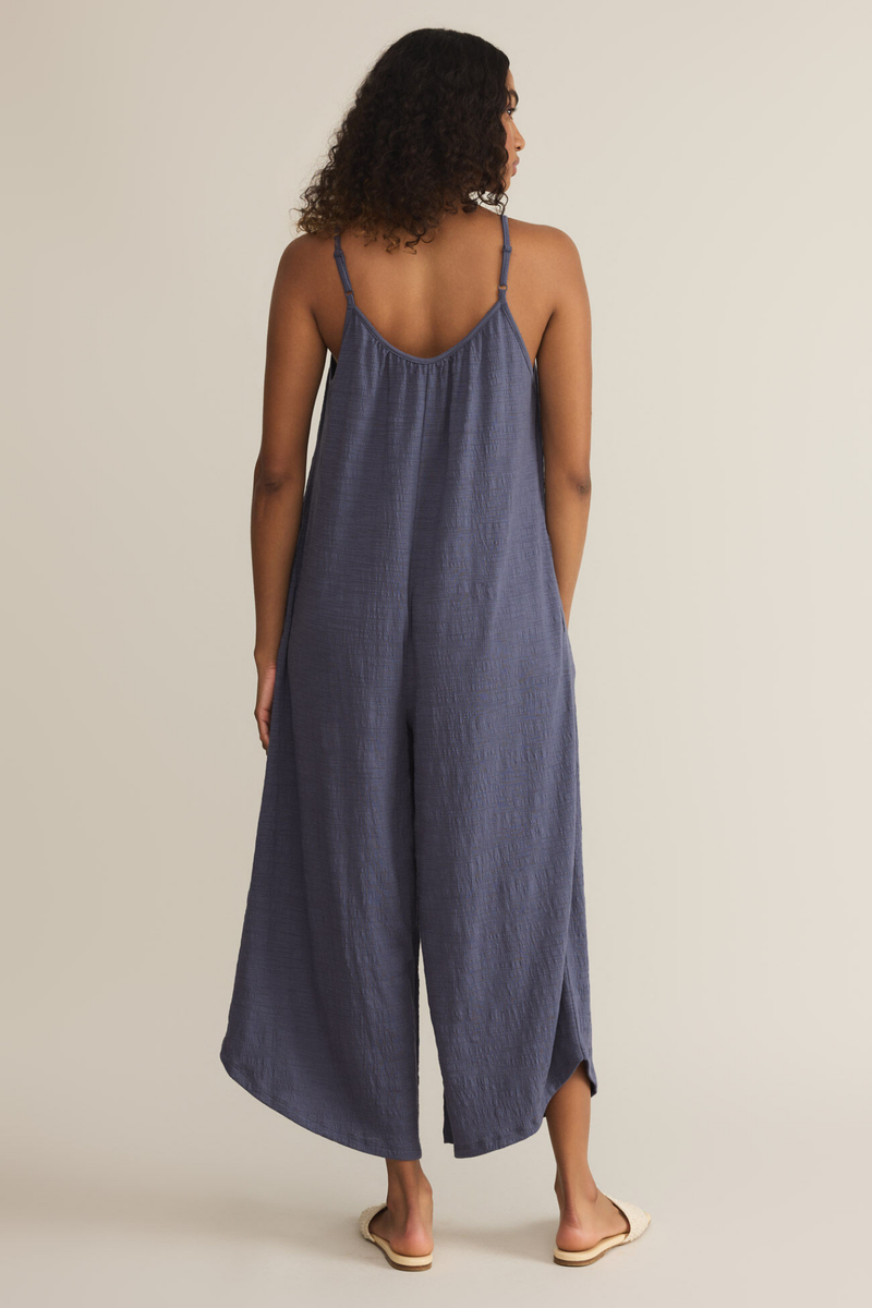 Worn Blue Textured Flared Jumpsuit