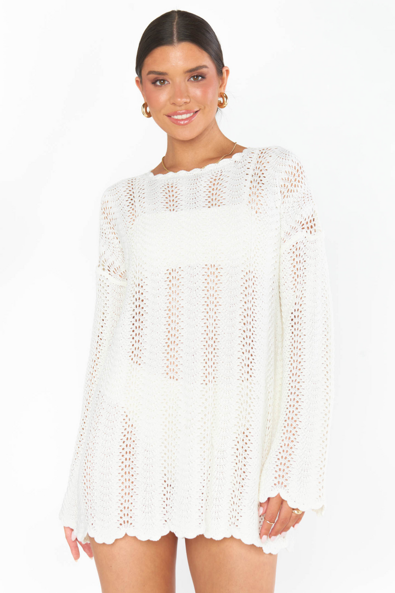 White Crochet Packable Pullover