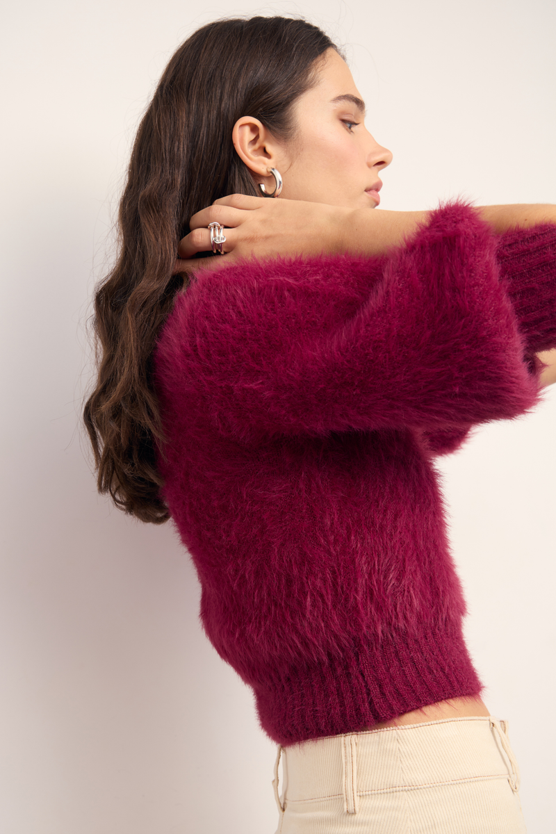 Alva Wine Fluffy Knit Top