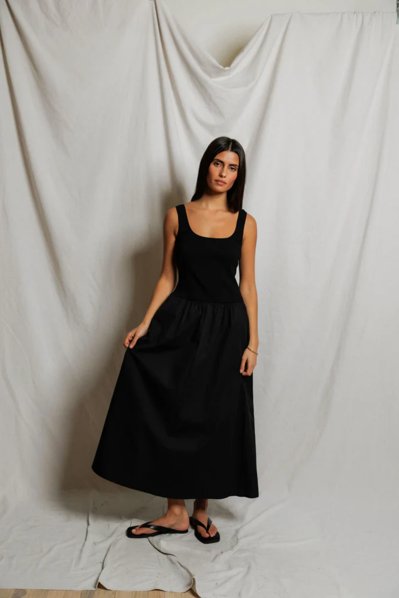 Fabiola True Black Poplin Midi Dress